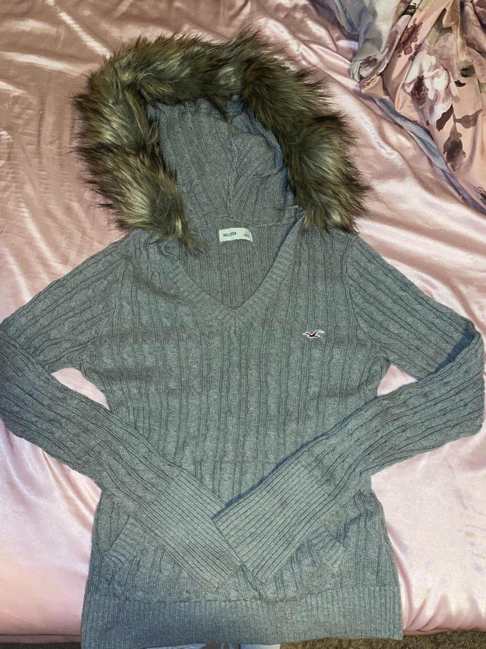 Hollister Gray Cable-Knit Fur Hooded Sweater